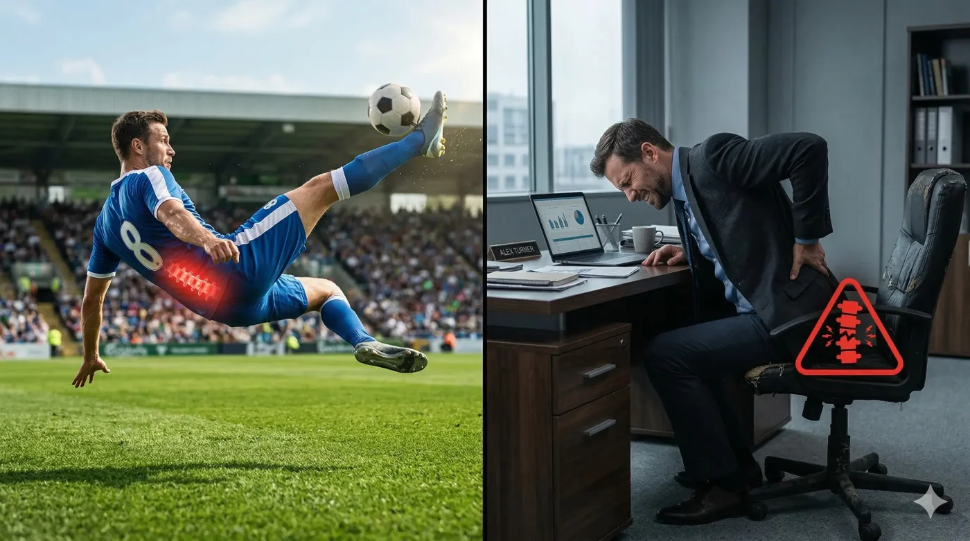 Cầu thủ bóng đá bị đau lưng do ngồi làm việc sai tư thế trên ghế văn phòng.